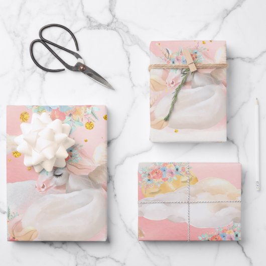 魔法の水色ピンクのユニコーン赤ちゃんシャワー ラッピングペーパーシート (正面)