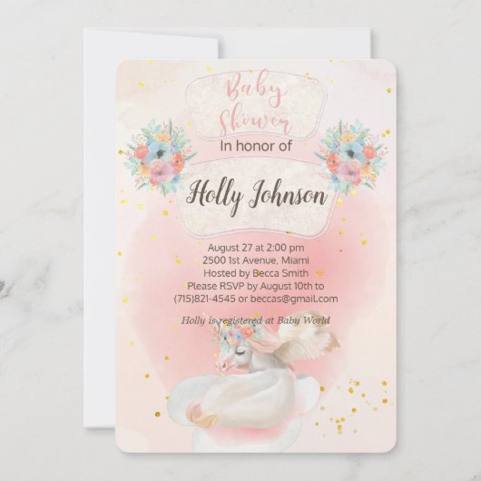 魔法の水色ピンクのユニコーン赤ちゃんシャワー 招待状 (裏面)