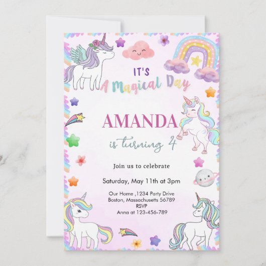 魔法の水色ユニコーンガール誕生日 招待状 (正面)