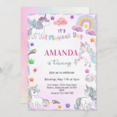 魔法の水色ユニコーンガール誕生日 招待状 (正面/裏面)