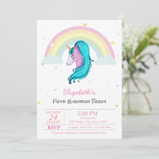魔法の水色ユニコーンレインボースターズ誕生日 招待状 (スタンド正面)