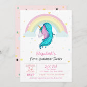 魔法の水色ユニコーンレインボースターズ誕生日 招待状 (正面/裏面)