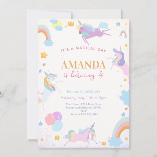魔法の水色ユニコーン虹の誕生日 招待状 (正面)