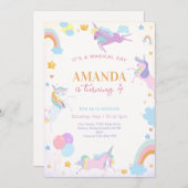 魔法の水色ユニコーン虹の誕生日 招待状 (正面/裏面)