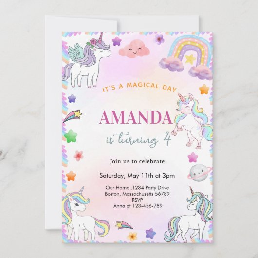 魔法の水色ユニコーン誕生日 招待状 (正面)