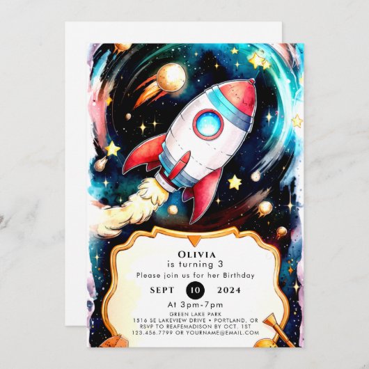 魔法の水色ロケット誕生日 招待状 (正面/裏面)