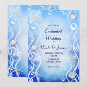魔法の海の下の青いフェードビーチウェディング 招待状 (正面/裏面)