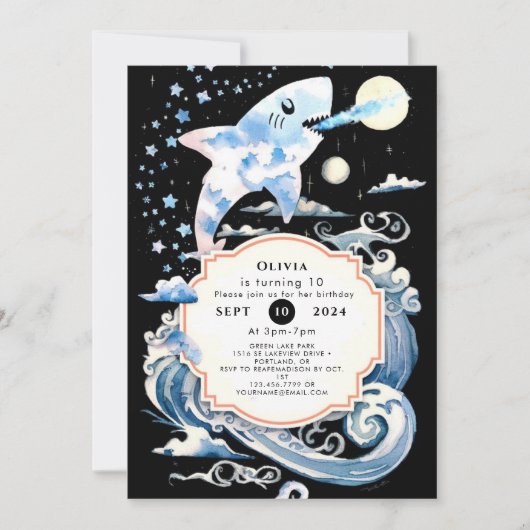 魔法の海底の子供のサメの誕生日 招待状 (正面)