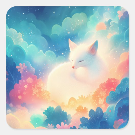 魔法の淡彩雲の中の眠るホッキョクギツネ スクエアシール (正面)