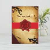 魔法の渦巻きが羊皮紙を飾り、赤いワックスシールのイニシャル 招待状 (スタンド正面)