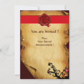 魔法の渦巻きが羊皮紙を飾り、赤いワックスシールのイニシャル 招待状 (裏面)