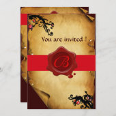 魔法の渦巻きが羊皮紙を飾り、赤いワックスシールのイニシャル 招待状 (正面/裏面)
