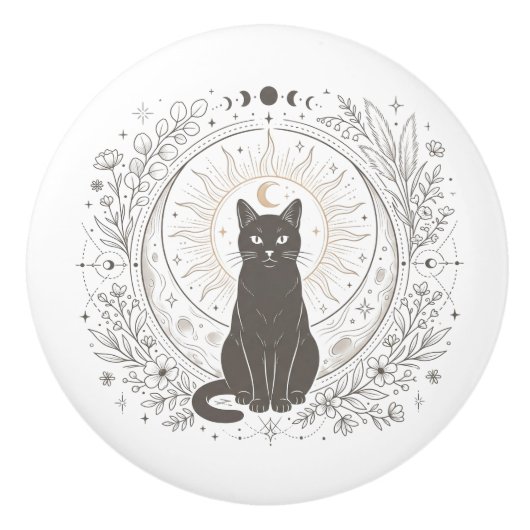 魔法の猫の薬局のドアノブ – 太陽と月 セラミックノブ (正面)
