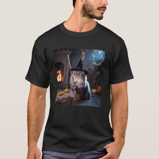 魔法の猫 不思議で面白いハロウィン 猫のミーム Tシャツ (正面)