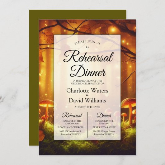 魔法の琥珀の森の妖精の物語リハーサルディナー 招待状 (正面/裏面)