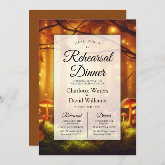 魔法の琥珀の森の妖精の物語リハーサルディナー 招待状 (正面/裏面)