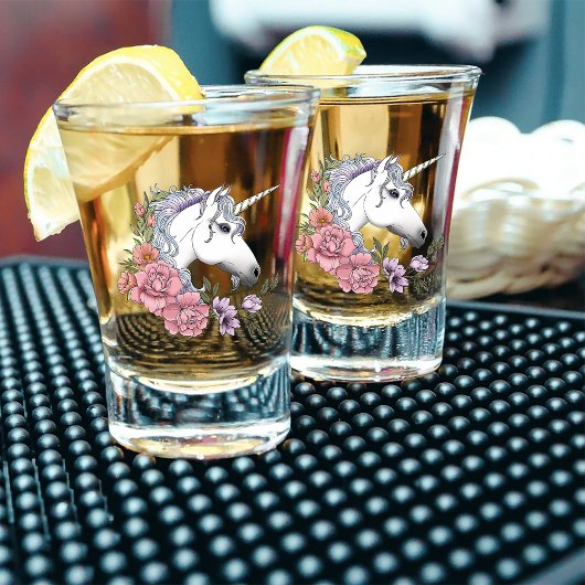 魔法の白いユニコーンの花 ピンク 黒 ショットグラス