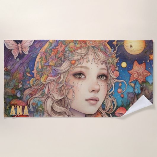 魔法の神秘的なファンタジーガール ビーチタオル (正面)