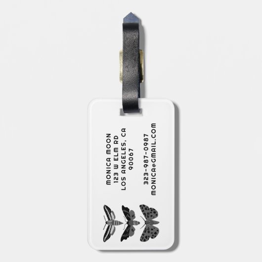 魔法の神秘的な蛾白黒シックエレガント ラゲッジタグ (裏面縦)