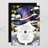 魔法の箒おもしろいウィザード誕生日 招待状 (正面/裏面)