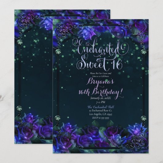 魔法の紫と緑の庭の輝き Sweet 16 招待状 (正面/裏面)