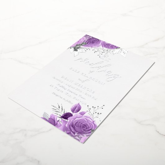 魔法の紫と銀のホイル結婚ズ 箔招待状 (回転した状態)