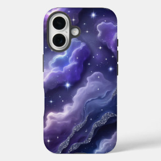 魔法の紫と青の星雲とグリッター星 iPhone 16ケース