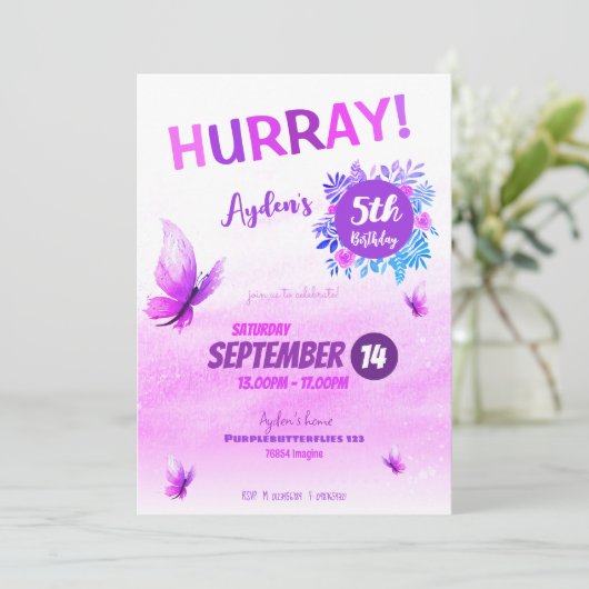 魔法の紫の水色の蝶の誕生日 招待状 (スタンド正面)