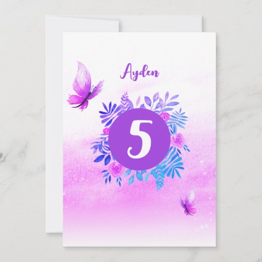 魔法の紫の水色の蝶の誕生日 招待状 (裏面)