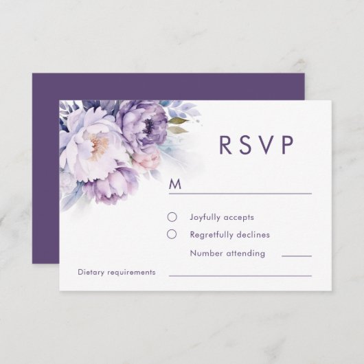 魔法の紫の花模様冬の結婚式 出欠カード (正面/裏面)