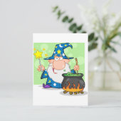 魔法の細い棒によって振り、準備しているおもしろいな魔法使い ポストカード (スタンド正面)