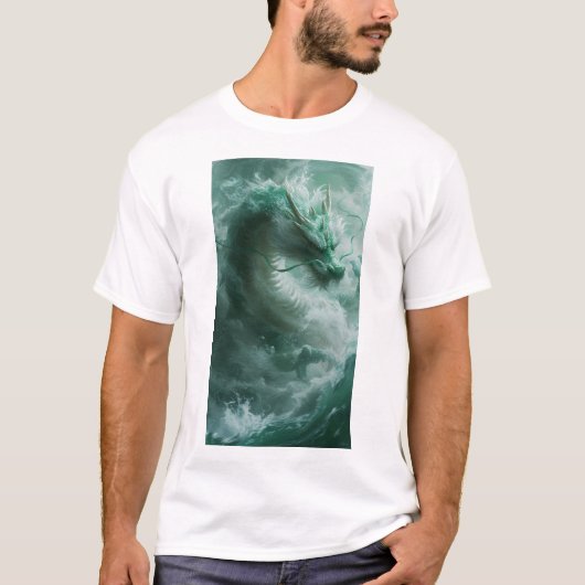 魔法の緑と白のドラゴンスイミングTシャツ Tシャツ (正面)