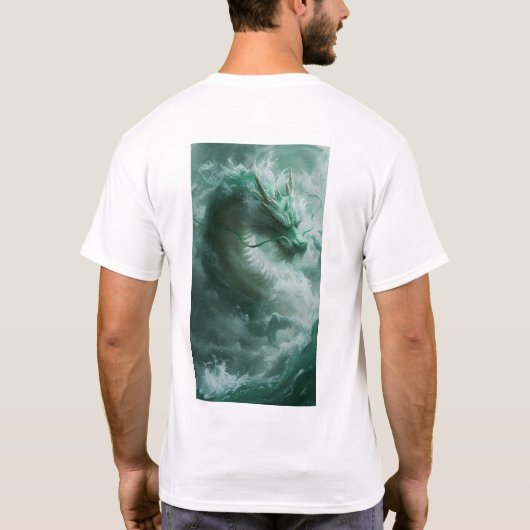 魔法の緑と白のドラゴンスイミングTシャツ Tシャツ (裏面)