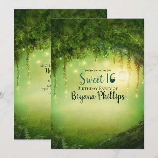 魔法の緑の森ランタン Sweet 16 パーティー 招待状 (正面/裏面)