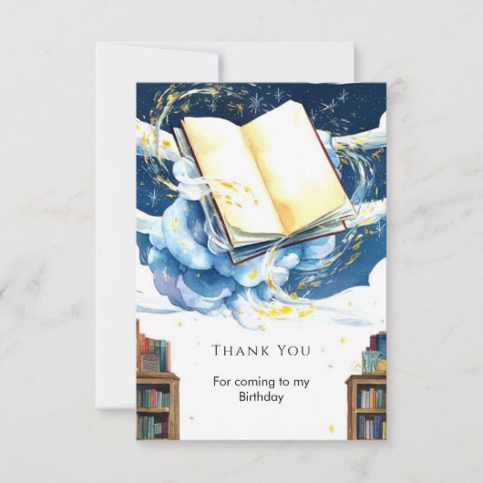 魔法の編集可能なライブラリ・ストーリーブック・バースデー サンキューカード (正面)