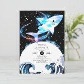 魔法の編集可能マリンシャーク誕生日 招待状 (スタンド正面)