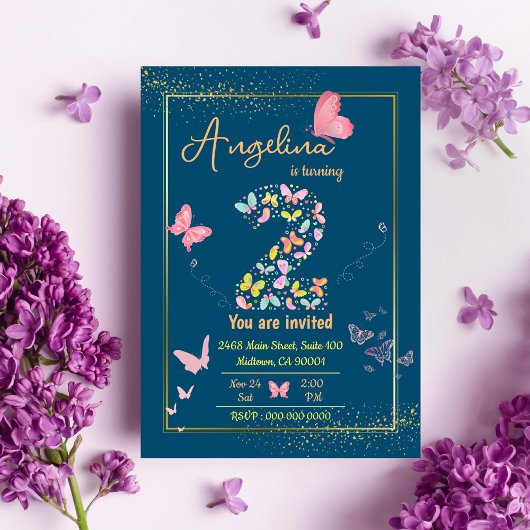 魔法の羽ばたき蝶かわいい第2の誕生日 招待状