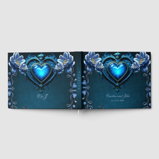 魔法の花に囲まれた青いゴシックハート ゲストブック (全面)