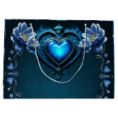 魔法の花に囲まれた青いゴシックハート ラージペーパーバッグ (裏面)