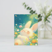 魔法の花畑の幸せな白うさぎ ポストカード (スタンド正面)