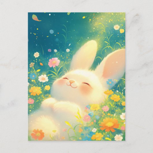 魔法の花畑の幸せな白うさぎ ポストカード (正面)