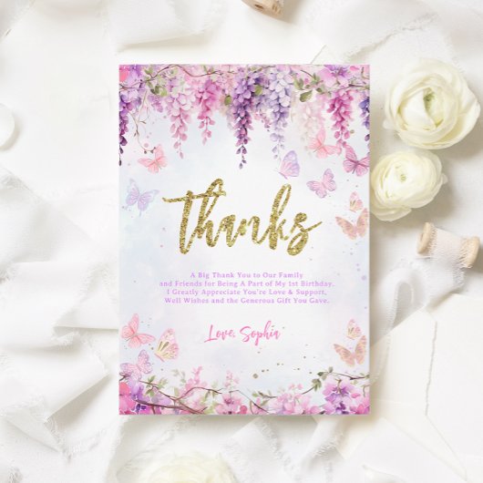 魔法の藤の花 ゴールド蝶 キッズ誕生日 サンキューカード