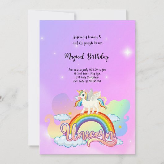 魔法の虹とユニコーン誕生日ピンク紫 招待状 (正面)