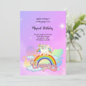 魔法の虹とユニコーン誕生日ピンク紫 招待状 (スタンド正面)