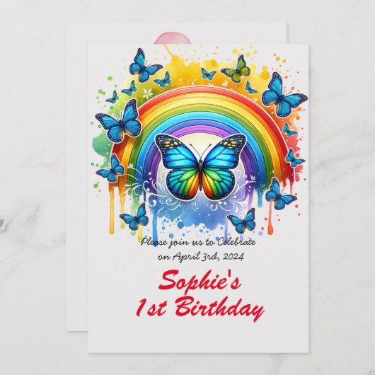 魔法の虹と蝶 – バースデーパーティー 招待状 (正面/裏面)