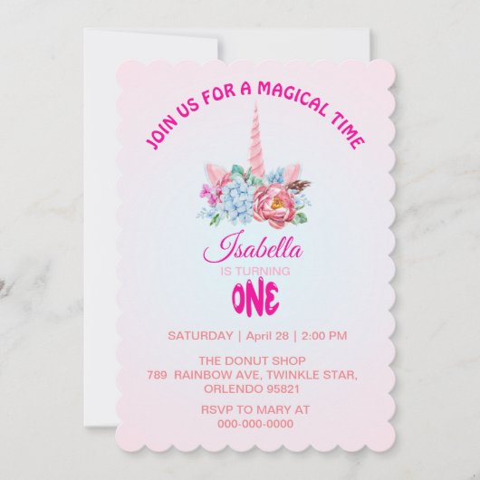 魔法の虹のグラデーション1番目の誕生日パーティー 招待状 (正面)