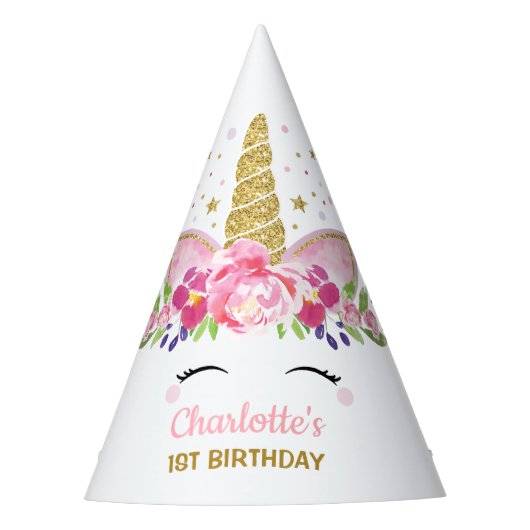 魔法の虹のユニコーンのピンクの金ゴールドの花柄の誕生日 パーティーハット (正面)