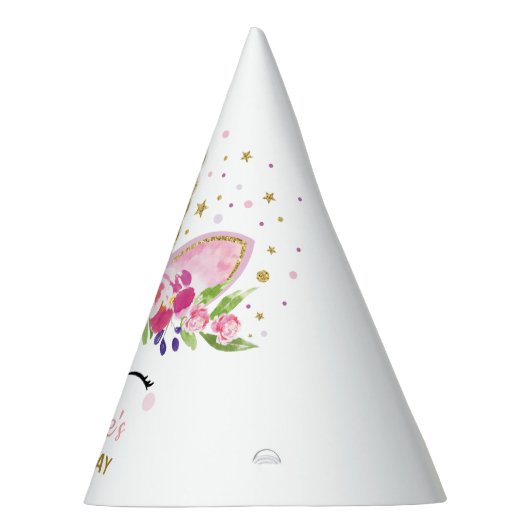 魔法の虹のユニコーンのピンクの金ゴールドの花柄の誕生日 パーティーハット (右)