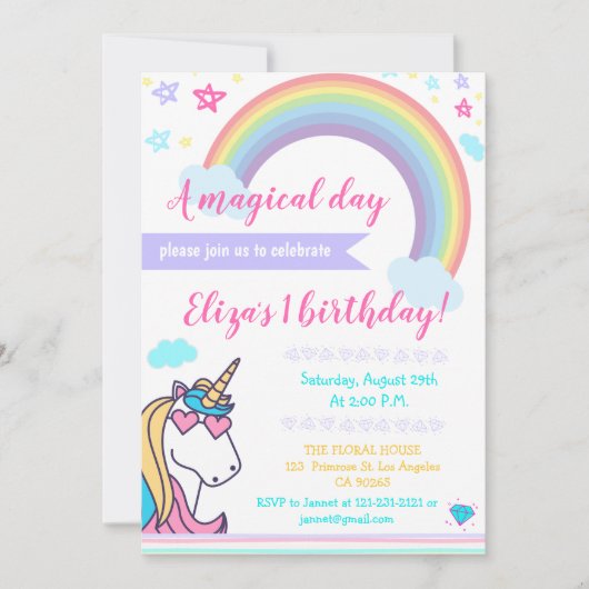 魔法の虹のユニコーンの顔のかわいい女の子の誕生日 招待状 (正面)