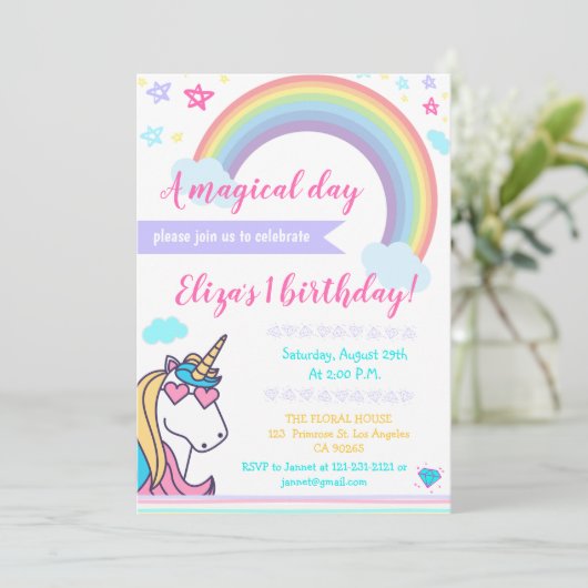 魔法の虹のユニコーンの顔のかわいい女の子の誕生日 招待状 (スタンド正面)